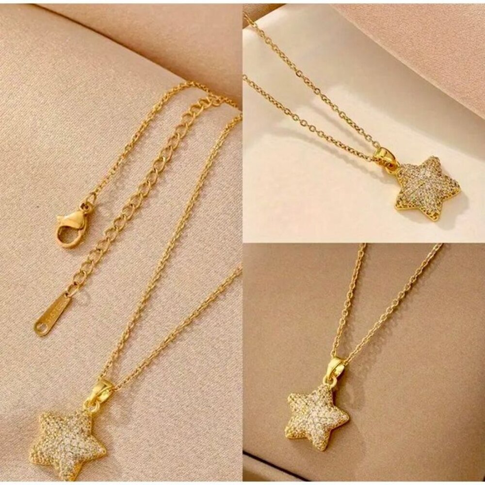 Gold Star Pendant Necklace Crystal Pave Celestial Dainty Layering Sparkle - Picture 2 of 3